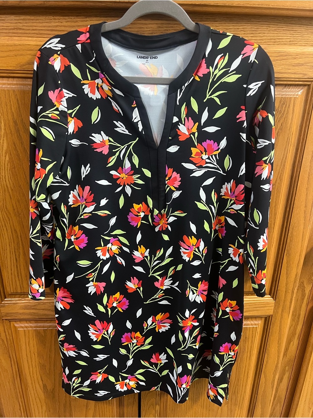 Lands' End Black Floral Swimsuit Coverup with Pink and Green  Petals, Medium